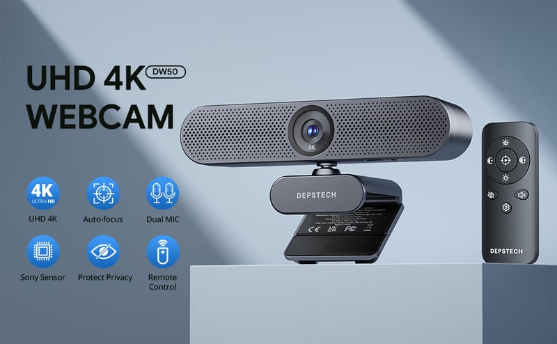 DEPSTECH DW50 4K Webkamera Sony Szenzorral, Dupla Zajszűrő Mikrofonnal, Távirányítóval, Autofókusszal és Adatvédelmi Fedéllel - Laptop/Zoom/