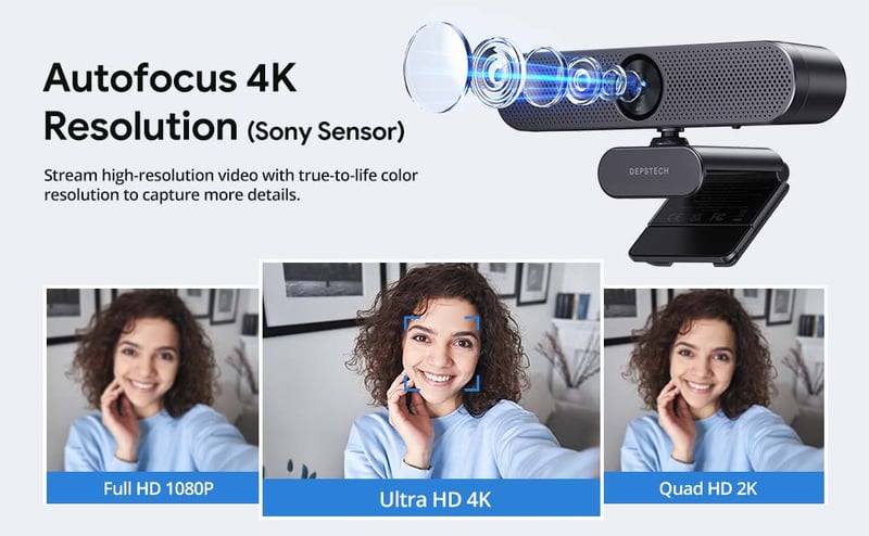 DEPSTECH DW50 4K Webkamera Sony Szenzorral, Dupla Zajszűrő Mikrofonnal, Távirányítóval, Autofókusszal és Adatvédelmi Fedéllel - Laptop/Zoom/