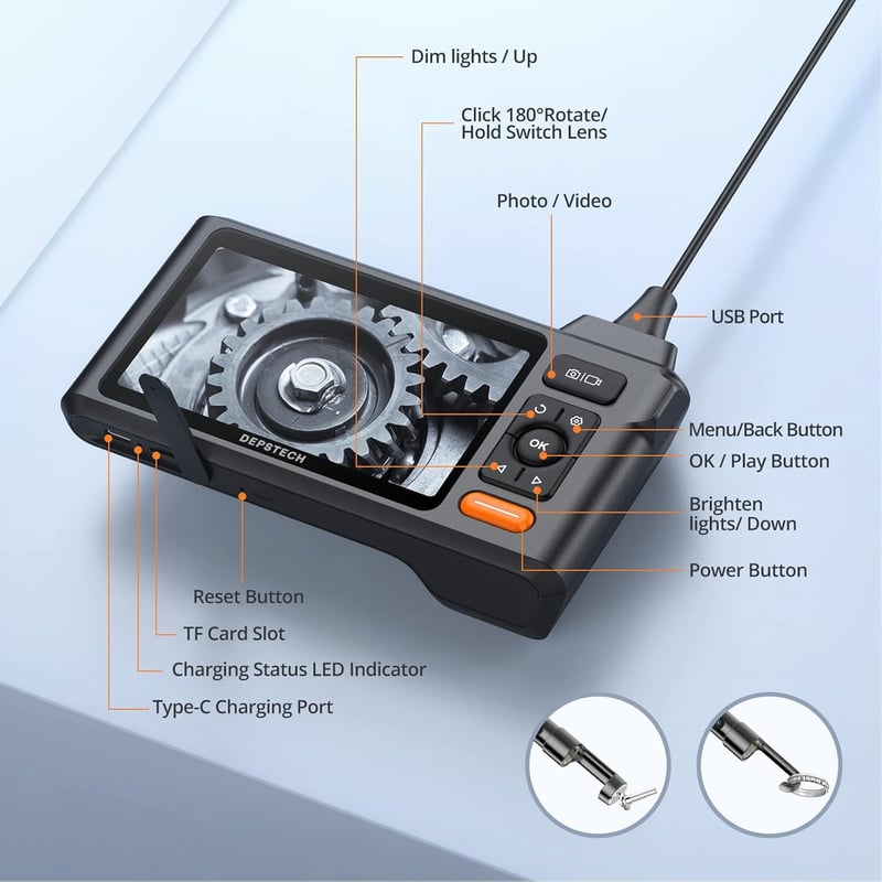 DEPSTECH Ipari Endoszkóp Kamera 5" IPS Kijelzővel - 1080P Felbontás, IP68 Vízálló, 5m Kábel, Cső és Fal Vizsgálathoz