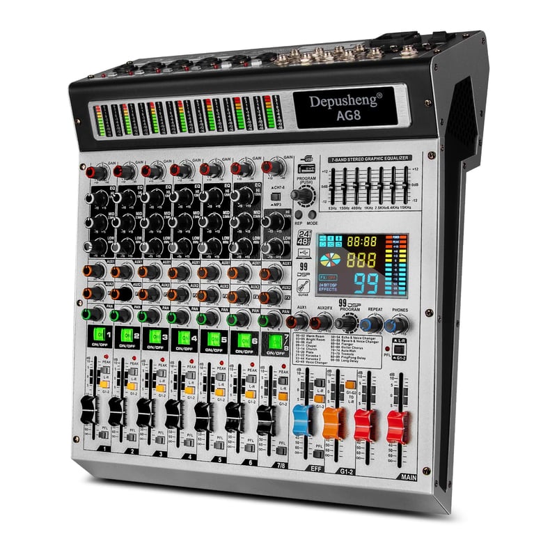 Profesionálny DJ mixážny pult Depusheng AG8, 8-kanálový, 99 DSP efektov, MP3, USB, Bluetooth, 48V fantómové napájanie, 2 AUX vstupy, pre karaoke a nahrávanie