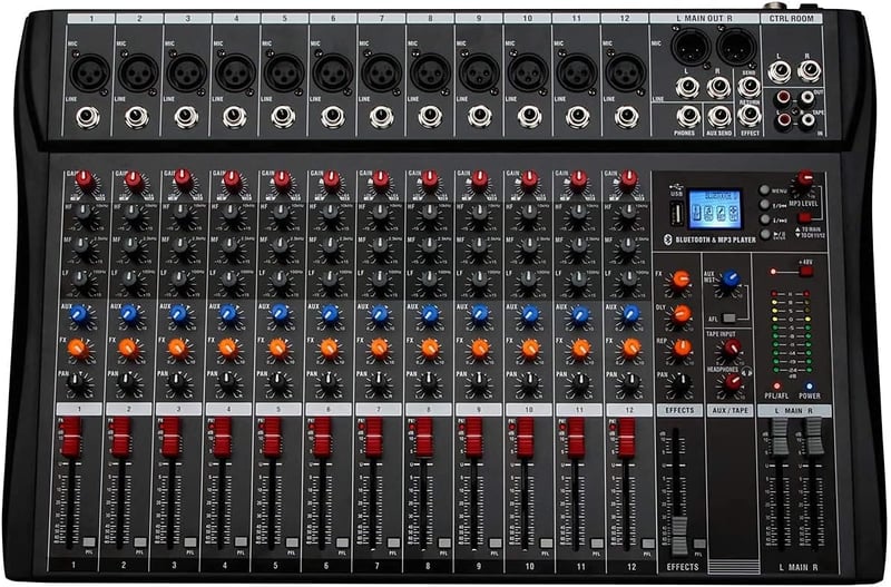 Depusheng DA12 DJ Keverőpult 12 Csatornás - Bluetooth, USB, XLR Mikrofon Bemenet, 48V Phantom, PC/MAC Kompatibilis, Fém Ház, RCA Be/Kimenet