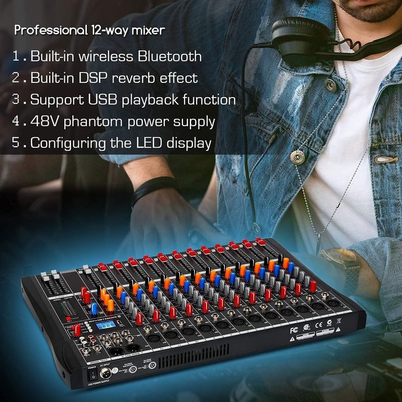 Depusheng DA12 DJ Keverőpult 12 Csatornás - Bluetooth, USB, XLR Mikrofon Bemenet, 48V Phantom, PC/MAC Kompatibilis, Fém Ház, RCA Be/Kimenet
