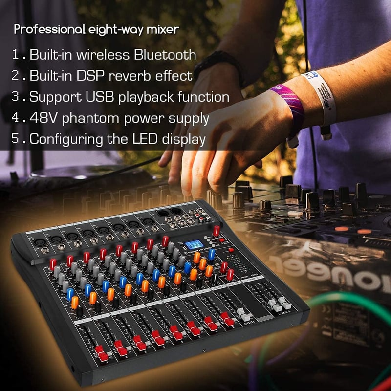 Depusheng DA8 8 csatornás stereo keverőpult Bluetooth USB felvétel phantom power