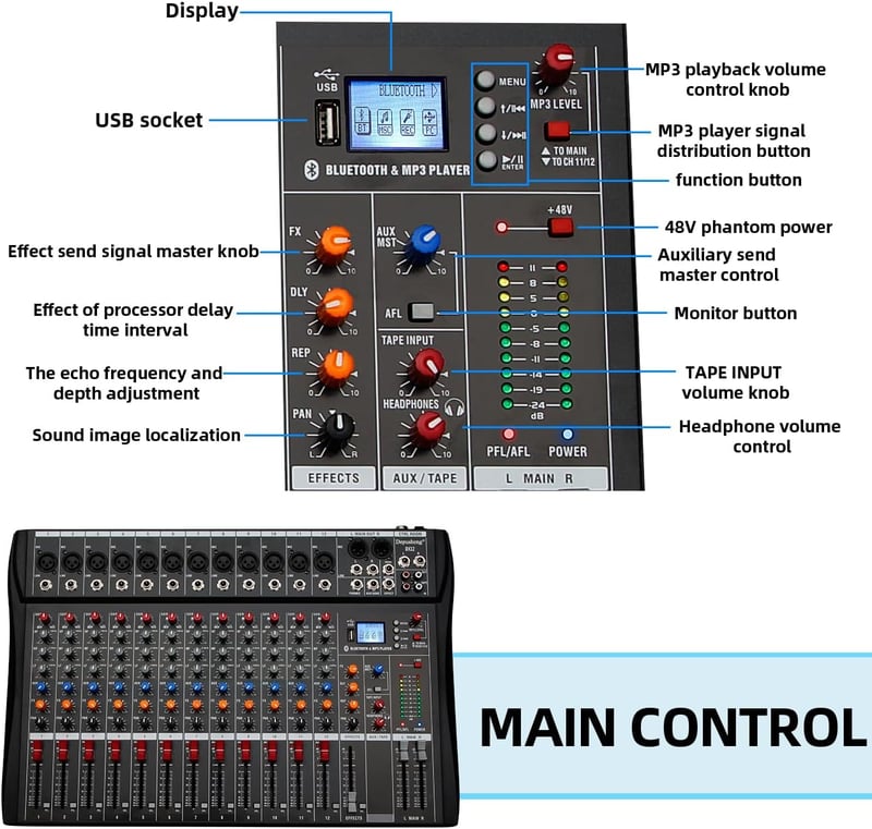 Depusheng DX12 12 csatornás DJ hangkeverő mixer XLR mikrofonnal USB-hez