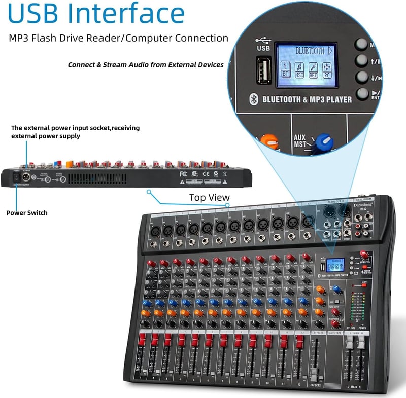 Depusheng DX12 12 csatornás DJ hangkeverő mixer XLR mikrofonnal USB-hez