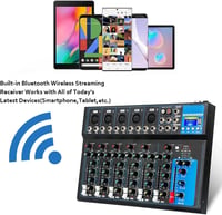 Depusheng HT7 Bluetooth Hangkeverő Pult - 7 Csatornás DJ Keverőkonzol USB Csatlakozással, MP3 Lejátszóval és 48V Fantomtáp - Stúdió és Élő F 6