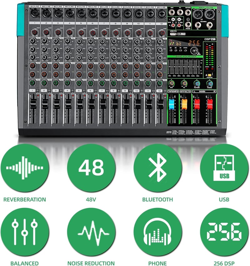 Depusheng PA12 12 csatornás DJ keverő 256 DSP effekt Bluetooth USB 48V fantom tápellátás
