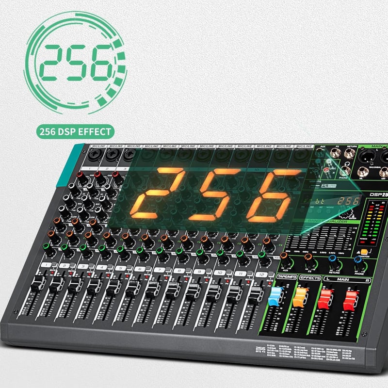 Depusheng PA12 12 csatornás DJ keverő 256 DSP effekt Bluetooth USB 48V fantom tápellátás