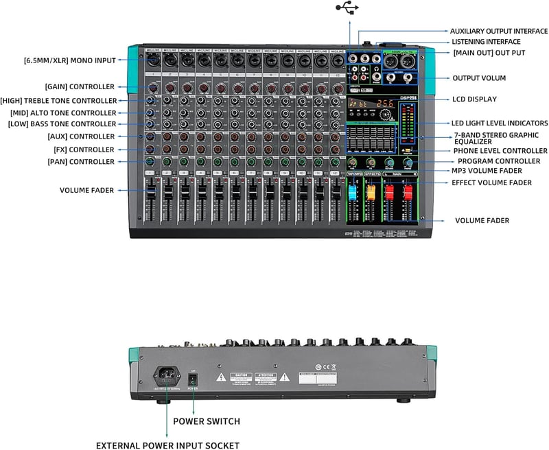 Depusheng PA12 12 csatornás DJ keverő 256 DSP effekt Bluetooth USB 48V fantom tápellátás