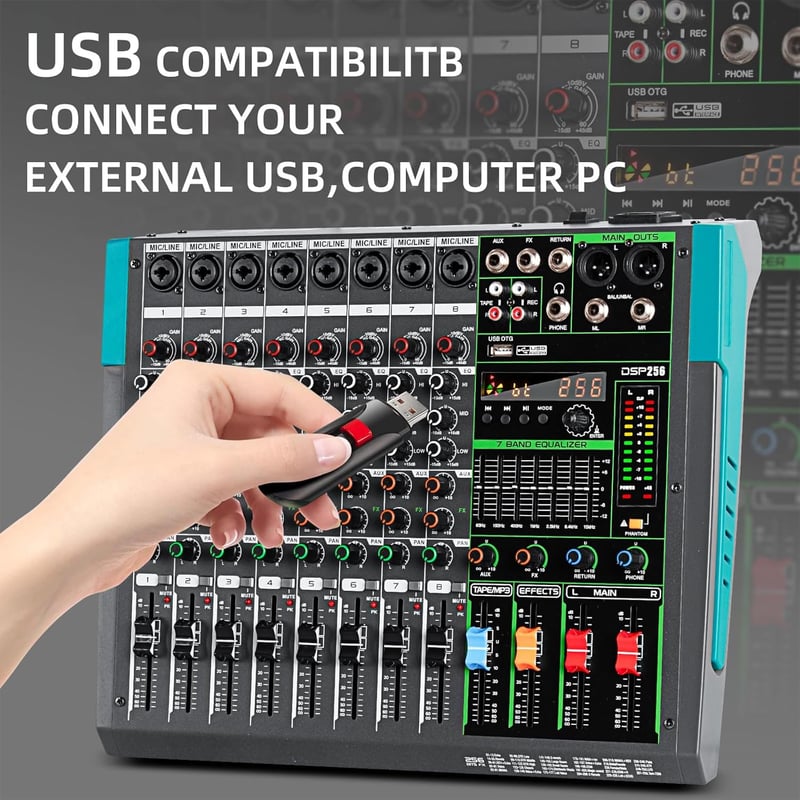 Depusheng PA8 8 csatornás DJ keverő 256 DSP effekt Bluetooth USB 48V phantom