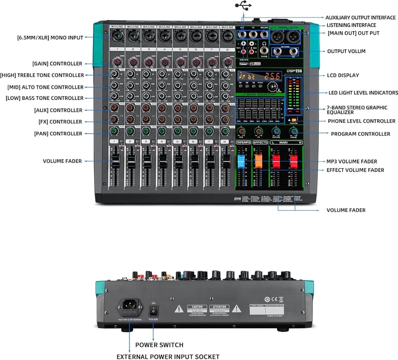 Depusheng PA8 8 csatornás DJ keverő 256 DSP effekt Bluetooth USB 48V phantom