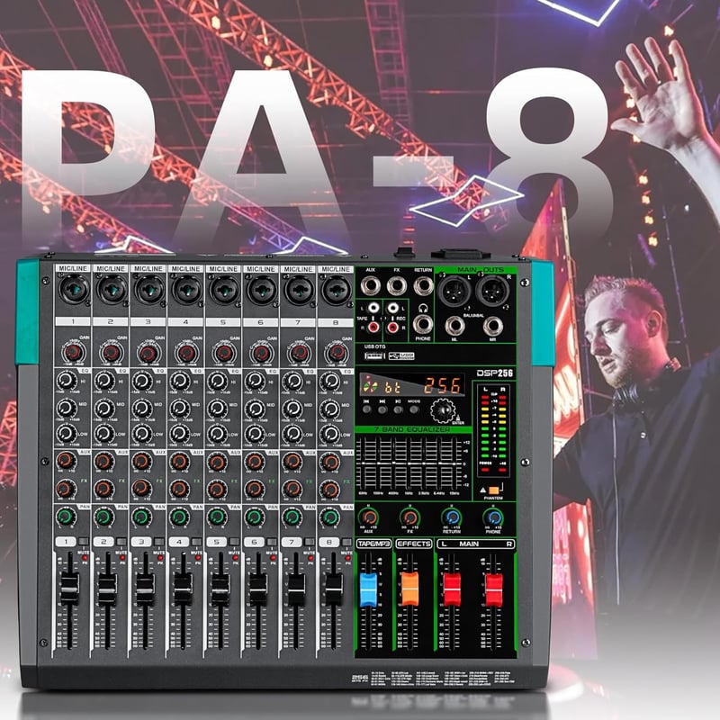 Depusheng PA8 8 csatornás DJ keverő 256 DSP effekt Bluetooth USB 48V phantom