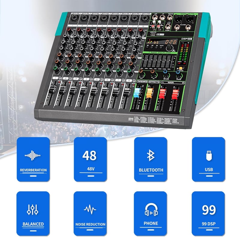 Depusheng PA8 8 csatornás DJ keverő 256 DSP effekt Bluetooth USB 48V phantom