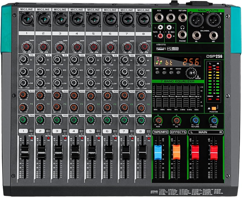 Depusheng PA8 8 csatornás DJ keverő 256 DSP effekt Bluetooth USB 48V phantom