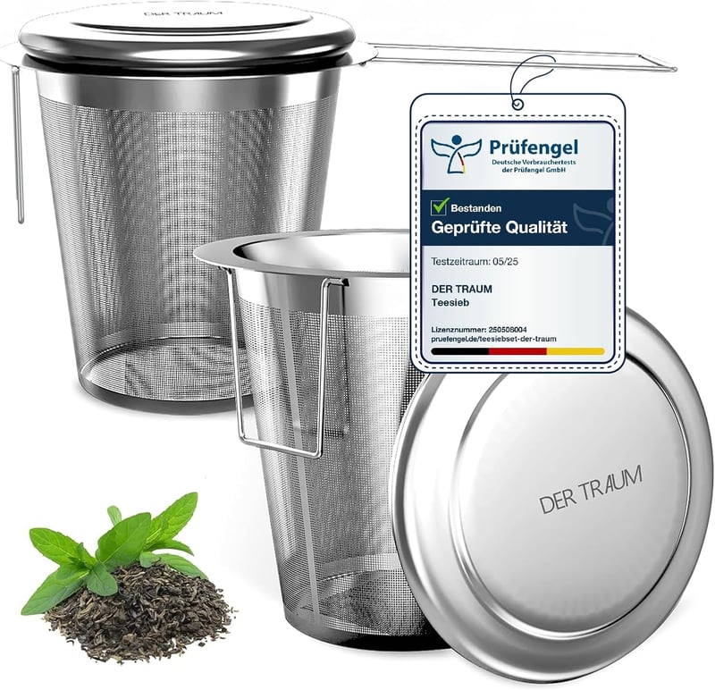 Der Traum Teaszűrő Szett - 2 db Rozsdamentes Acél Teatojás Fedéllel és Összecsukható Fogantyúval - Finom Szűrő Minden Csészéhez, Mosogatógép