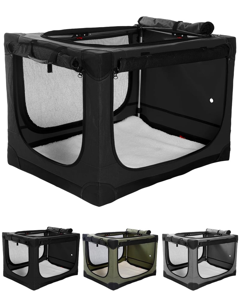 Skladacia prepravka pre psov derimkcoa pre veľké psy do 36 kg, 106x78x78 cm, sieťované okno odolné proti roztrhnutiu, plyšová podložka a taška, čierna