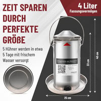 Descena 4L 304 V2A rozsdamentes csirkeitató felülről tölthető baromfi itató itatómelegítővel és fűtőlemezzel kompatibilis tyúkólhoz 4