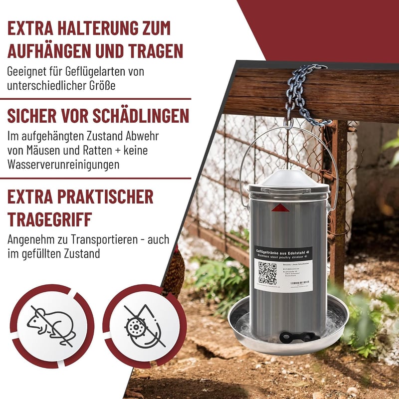 Descena 4L 304 V2A rozsdamentes csirkeitató felülről tölthető baromfi itató itatómelegítővel és fűtőlemezzel kompatibilis tyúkólhoz