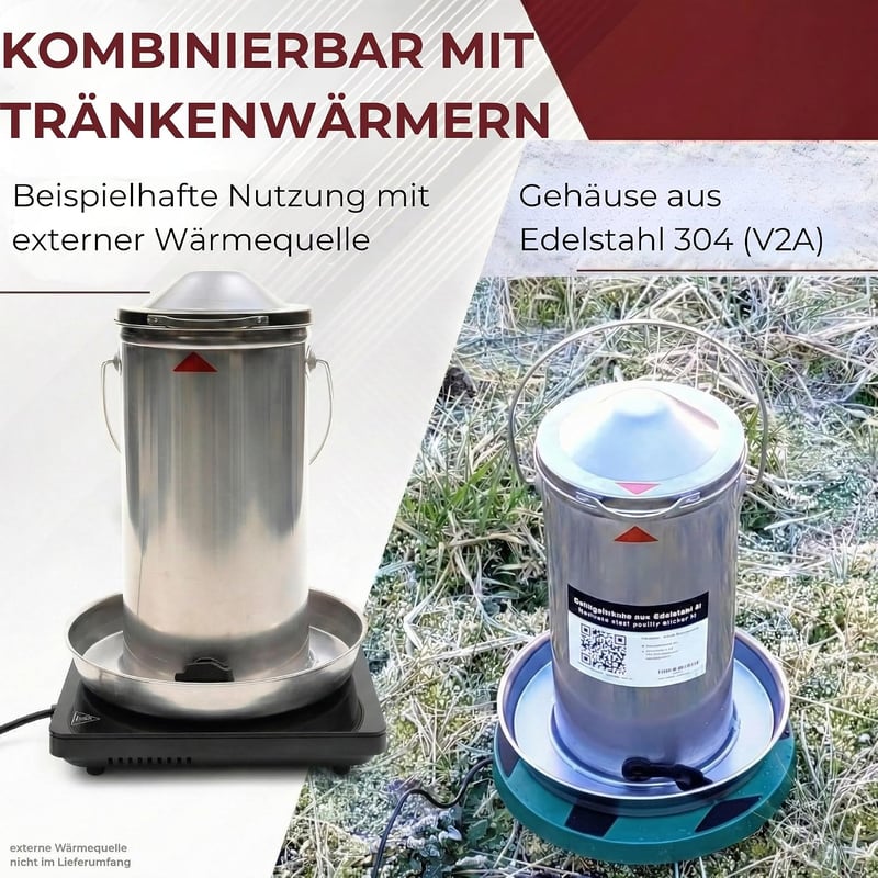Descena 4L 304 V2A rozsdamentes csirkeitató felülről tölthető baromfi itató itatómelegítővel és fűtőlemezzel kompatibilis tyúkólhoz