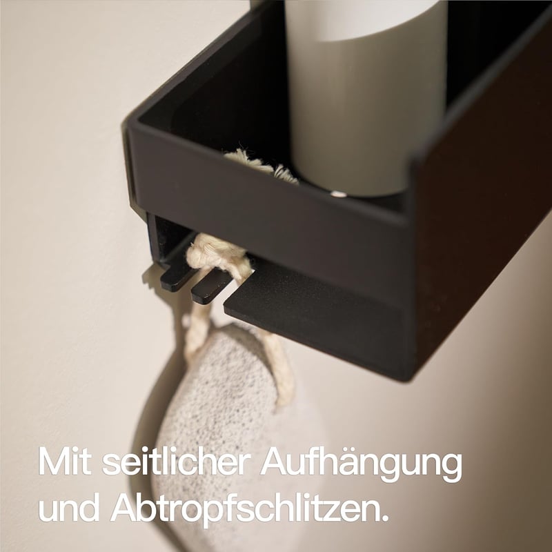 Designfabrik Hamburg fekete zuhanypolc 42 cm fúrésmentes önragasztós fürdőszobai rendező fali polc zuhanykosár