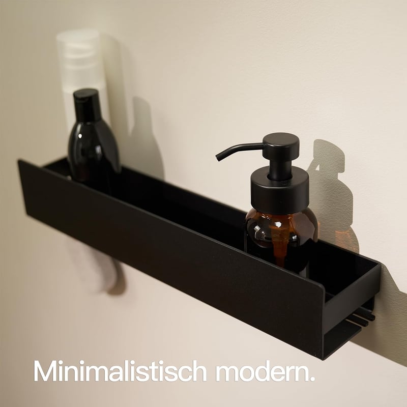 Designfabrik Hamburg fekete zuhanypolc 42 cm fúrésmentes önragasztós fürdőszobai rendező fali polc zuhanykosár