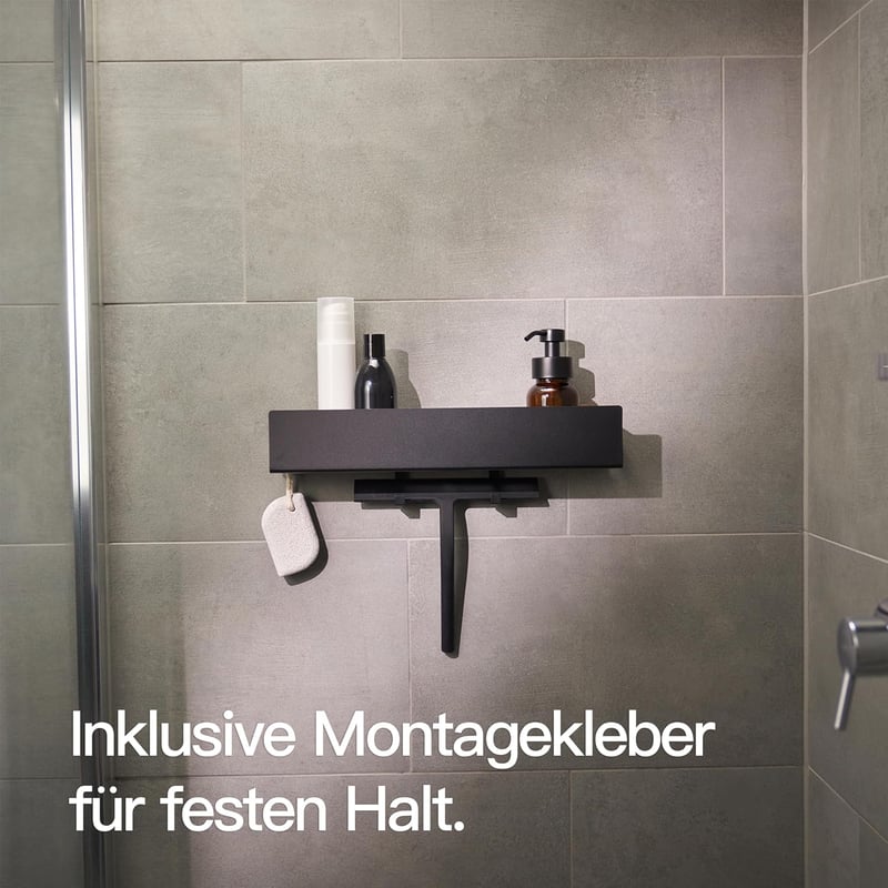 Designfabrik Hamburg fekete zuhanypolc 42 cm fúrésmentes önragasztós fürdőszobai rendező fali polc zuhanykosár