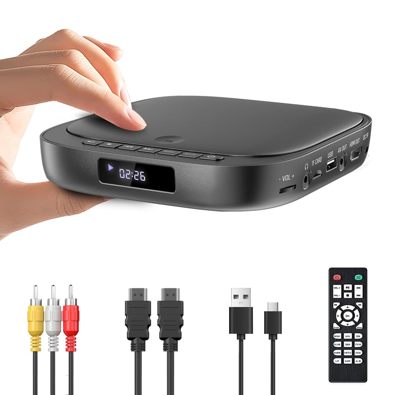 Desobry mini DVD prehrávač k TV s HDMI, 1080P, USB, čítačkou kariet TF, bez regionálneho obmedzenia (multizone) a vrátane káblov
