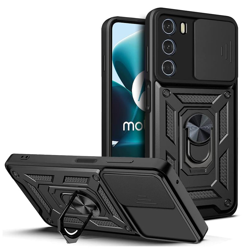 DESSEN Obal pre Motorola Moto G200 5G, čierne nárazuvzdorné puzdro z TPU/PC silikónu s 360-stupňovým otočným magnetickým krúžkom a krytom na šošovku fotoaparátu