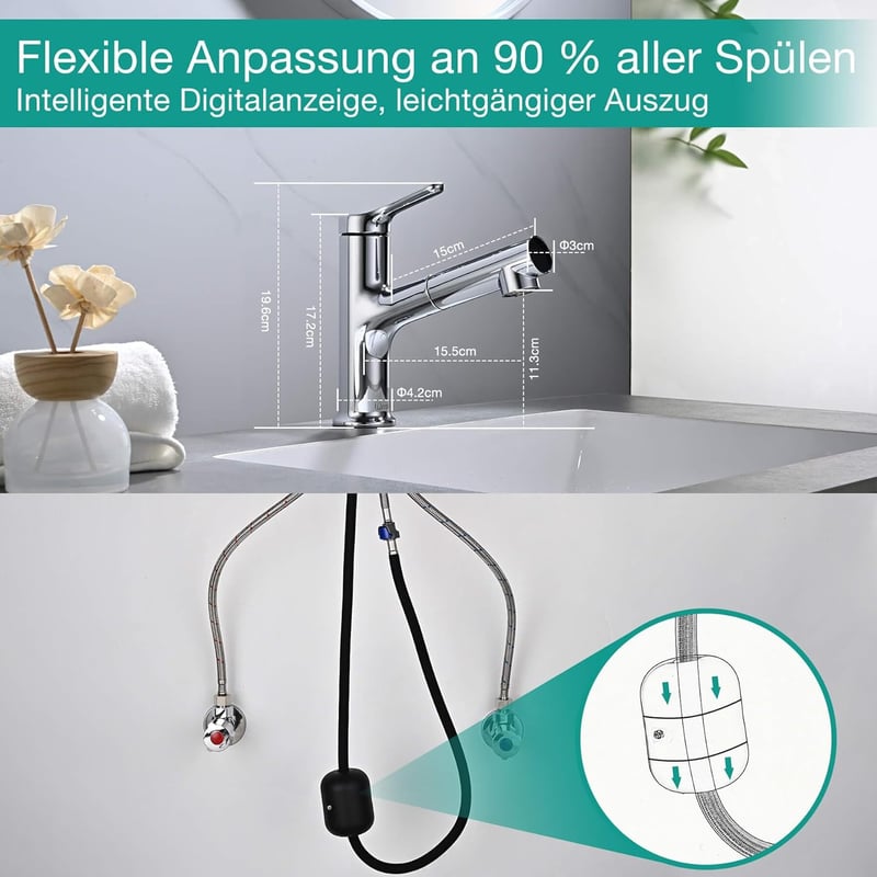 Detbom LED kijelzős mosdó csaptelep zuhanyfunkcióval, 2 sugaras konyhai csap, energiatakarékos egykari mixer