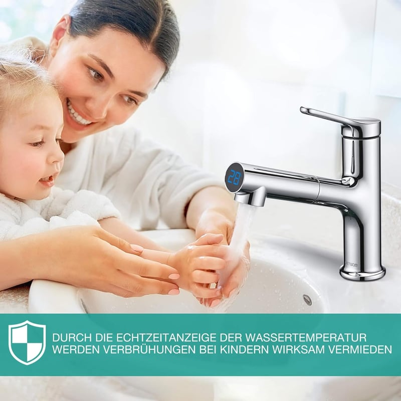 Detbom LED kijelzős mosdó csaptelep zuhanyfunkcióval, 2 sugaras konyhai csap, energiatakarékos egykari mixer