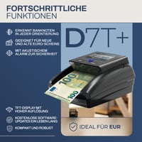 Detektor pravosti bankoviek Detectalia D7T+ pre meny EUR, GBP, USD, s 5 metódami overovania, farebným TFT displejom a certifikáciou ECB 7