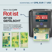 Detektor pravosti bankoviek Detectalia D7T+ pre meny EUR, GBP, USD, s 5 metódami overovania, farebným TFT displejom a certifikáciou ECB 5