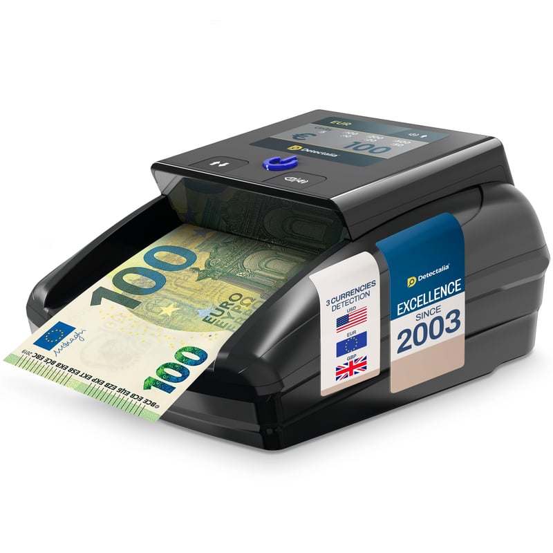 Detektor pravosti bankoviek Detectalia D7T+ pre meny EUR, GBP, USD, s 5 metódami overovania, farebným TFT displejom a certifikáciou ECB