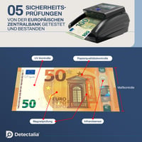 Detektor pravosti bankoviek Detectalia D7T+ pre meny EUR, GBP, USD, s 5 metódami overovania, farebným TFT displejom a certifikáciou ECB 3