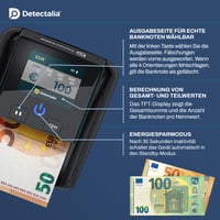 Detektor pravosti bankoviek Detectalia D7T+ pre meny EUR, GBP, USD, s 5 metódami overovania, farebným TFT displejom a certifikáciou ECB 8