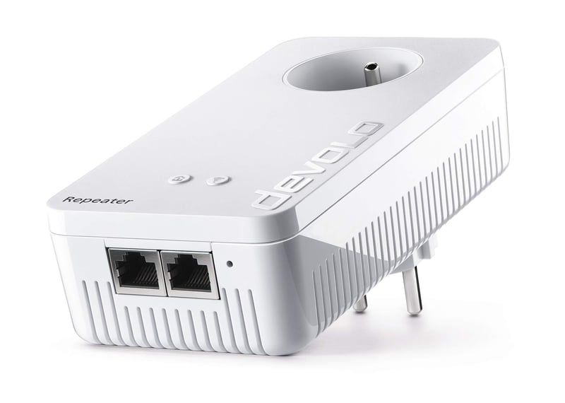 Devolo Repeater WiFi+ 5 (ac) WiFi zosilňovač so zabudovanou zásuvkou, Dual Band, 1200 Mb/s, 2 ethernetové porty, režim prístupového bodu, francúzska zástrčka