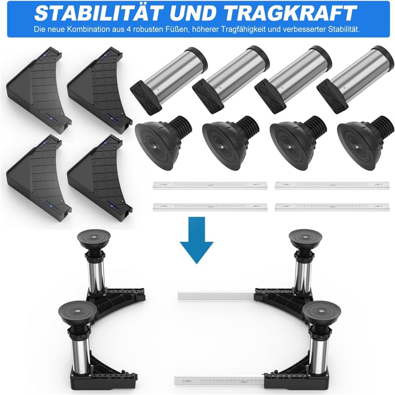 DEWEL 4 db hűtőláb állvány, állítható szívócsapos talp, 12-15 cm magasság, 300 kg terhelhetőség - Breite:30-60cm/Höhe 12cm-15cm