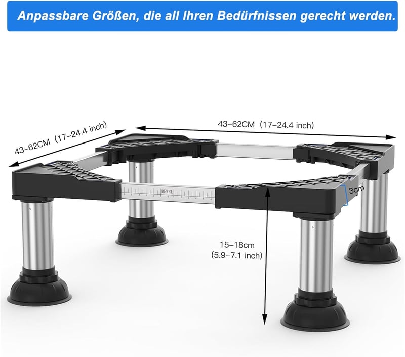 DEWEL 4 db hűtőláb állvány, állítható szívócsapos talp, 12-15 cm magasság, 300 kg terhelhetőség - Breite:30-60cm/Höhe 12cm-15cm