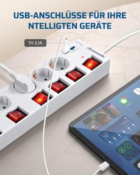 DEWENWILS 6-eres elosztó 2 USB-vel, falra szerelhető, 16A, túlfeszültségvédelem, gyerekzár 5