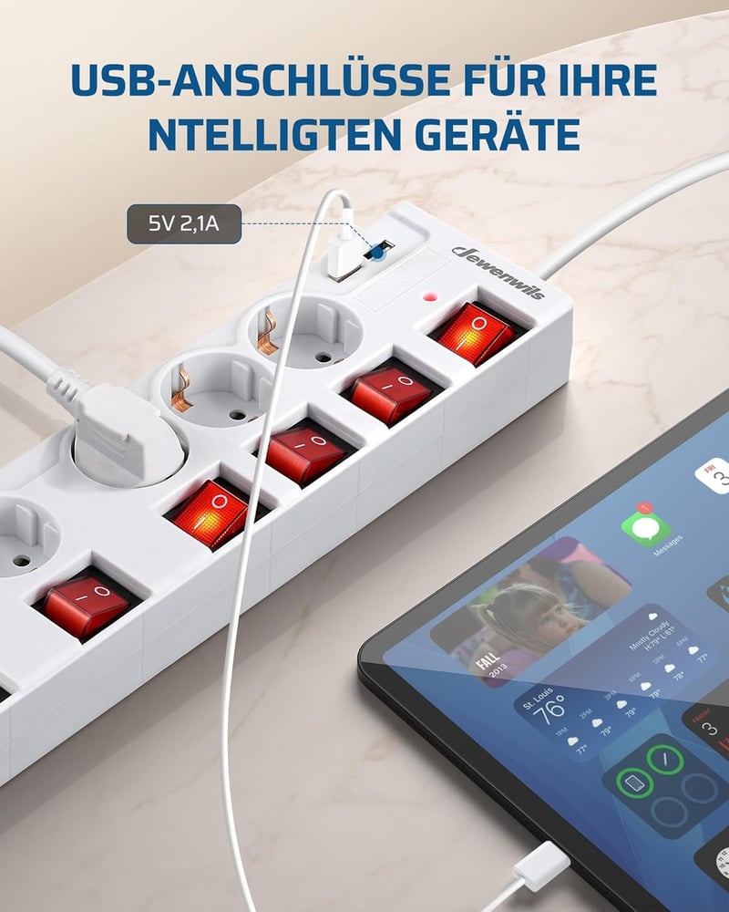 DEWENWILS 6-eres elosztó 2 USB-vel, falra szerelhető, 16A, túlfeszültségvédelem, gyerekzár