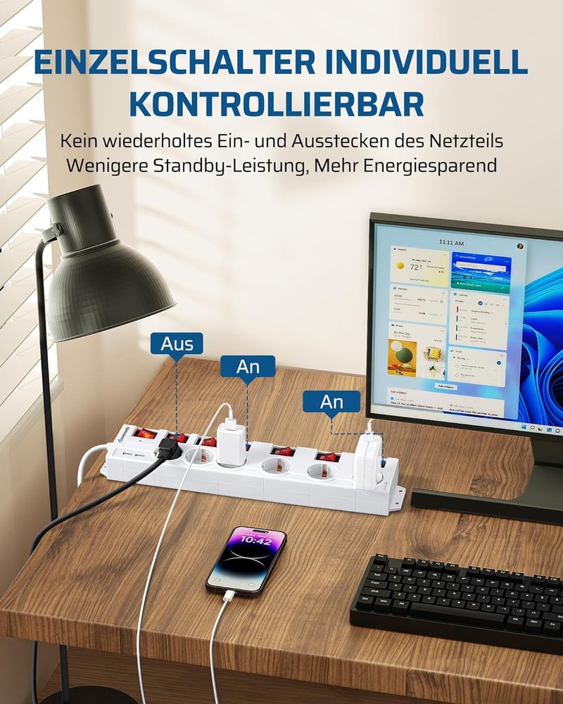 DEWENWILS 6-eres elosztó 2 USB-vel, falra szerelhető, 16A, túlfeszültségvédelem, gyerekzár