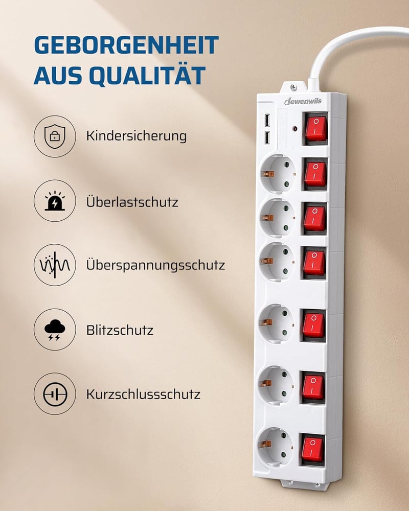 DEWENWILS 6-eres elosztó 2 USB-vel, falra szerelhető, 16A, túlfeszültségvédelem, gyerekzár