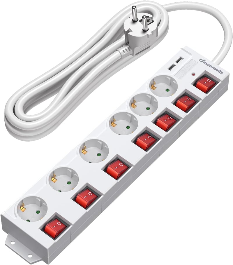 DEWENWILS 6-eres elosztó 2 USB-vel, falra szerelhető, 16A, túlfeszültségvédelem, gyerekzár