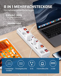 DEWENWILS 6-eres elosztó 2 USB-vel, falra szerelhető, 16A, túlfeszültségvédelem, gyerekzár 4