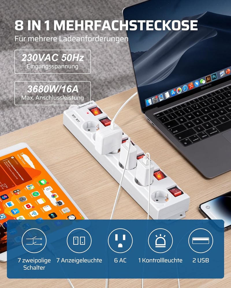 DEWENWILS 6-eres elosztó 2 USB-vel, falra szerelhető, 16A, túlfeszültségvédelem, gyerekzár