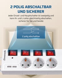 DEWENWILS 6-eres elosztó 2 USB-vel, falra szerelhető, 16A, túlfeszültségvédelem, gyerekzár 3