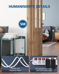 DEWENWILS 6-eres elosztó 2 USB-vel, falra szerelhető, 16A, túlfeszültségvédelem, gyerekzár 8