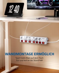 DEWENWILS 6-eres elosztó 2 USB-vel, falra szerelhető, 16A, túlfeszültségvédelem, gyerekzár 7