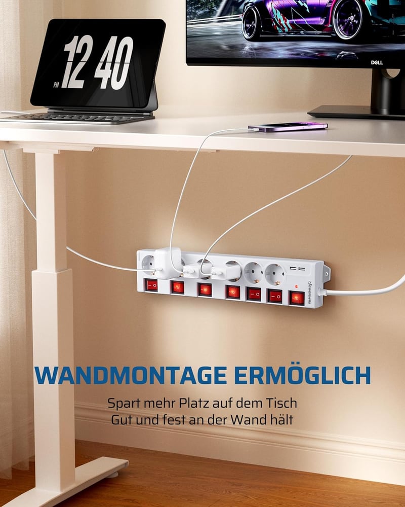 DEWENWILS 6-eres elosztó 2 USB-vel, falra szerelhető, 16A, túlfeszültségvédelem, gyerekzár