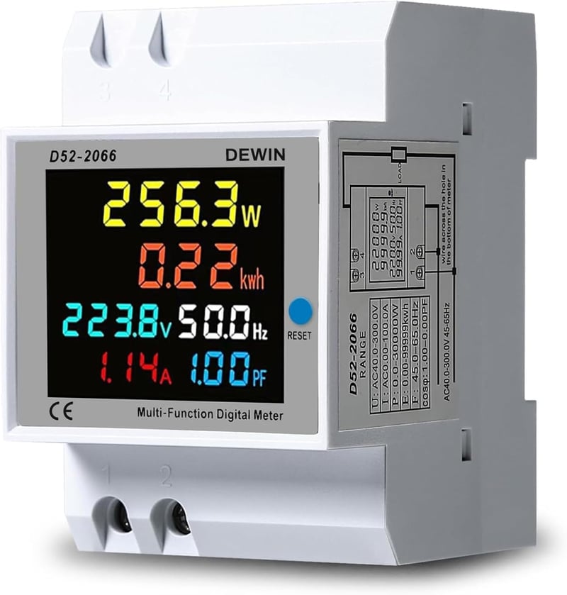 DEWIN Áramfogyasztásmérő Sínre Szerelhető LCD Kijelzős Egyfázisú Energiamérő 6in1 Áram Feszültség Teljesítmény kWh Mérő AC 40-300V